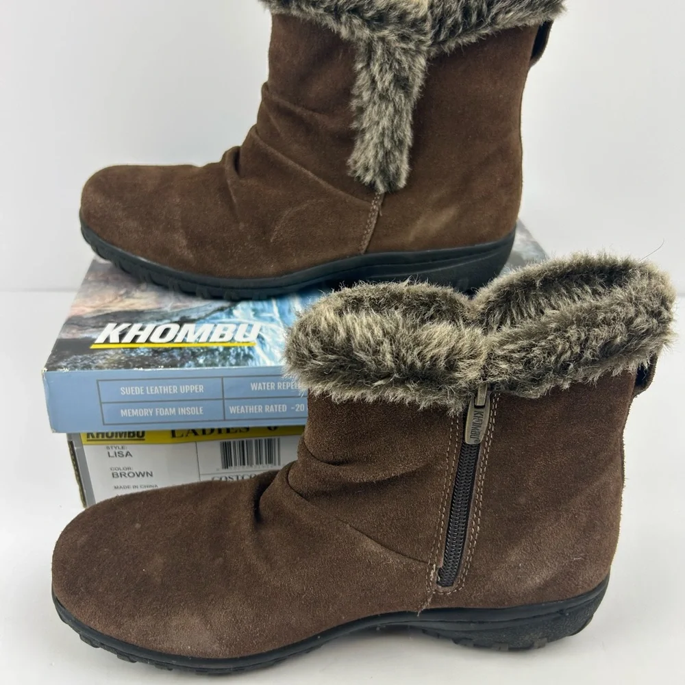 Khombu Lisa Brown Leather Faux Fur Ankle Snow Boots Water Repellent Women's 9
